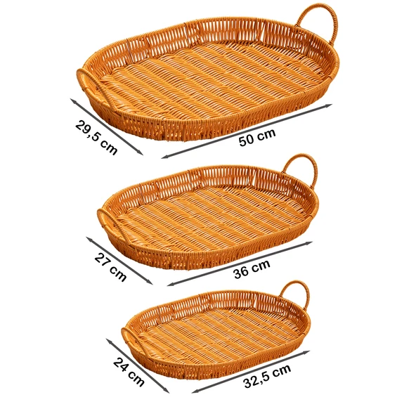 Porsima 708-D Oval 3'lü Dekoratif Ev Mutfak Düzenleyici Kulplu Hasır Sepet Seti Hasır Tepsi - 5