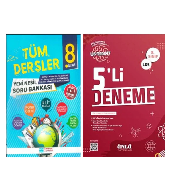 Evrensel İletişim 8.Sınıf Tüm Dersler Yeni Nesil Soru Bankası ve Ünlü 5 li deneme Seti 2 Kitap