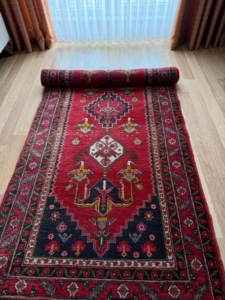 113x268 cm El Dokuma Yolluk, Mükemmel Durumda Yün Halı, Antika Anadolu Nadir Desenli Yolluk, Canlı Renkli Halı - 5