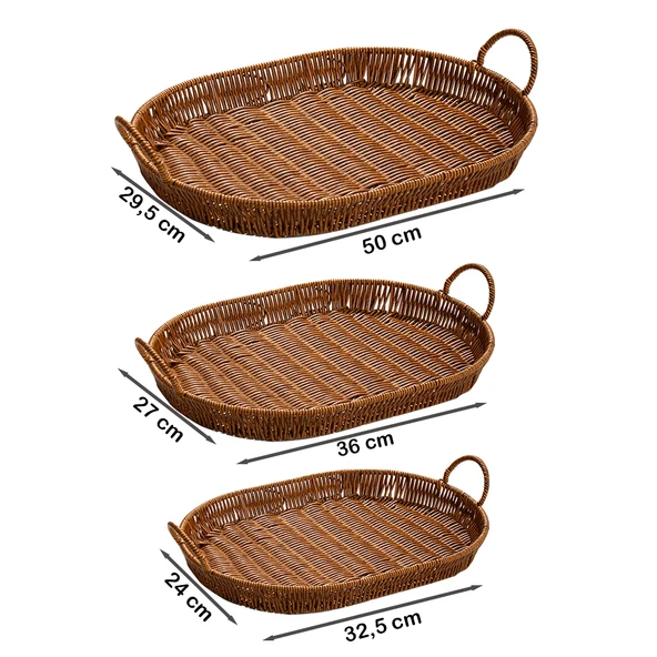 Porsima 708-C Oval 3'lü Dekoratif Ev Mutfak Düzenleyici Kulplu Hasır Sepet Seti Hasır Tepsi - 4