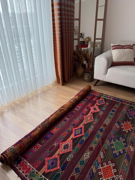 167x331 cm Türk Kilim Halısı, Canlı Renkler ve Koçboynuzu Motifi, El Dokuma Yün Halı, Antika Anadolu Kilim - 6