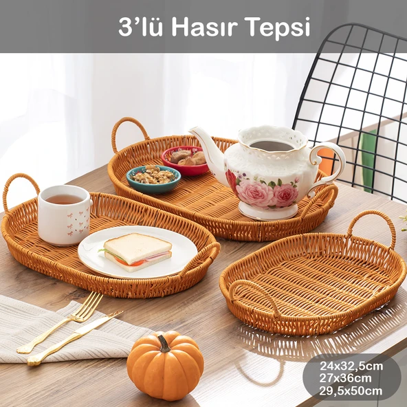 Porsima 708-D Oval 3'lü Dekoratif Ev Mutfak Düzenleyici Kulplu Hasır Sepet Seti Hasır Tepsi