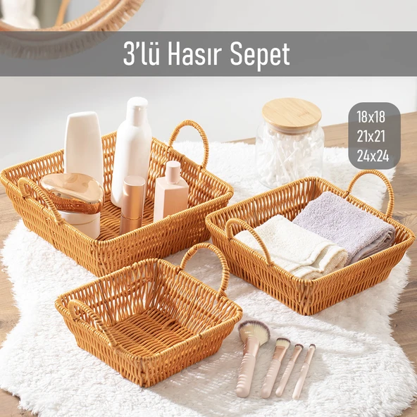 Porsima 303-D Kare 3'lü Hasır Sepet Dekoratif Ev Düzenleyici Kendinden Kulplu Hasır Sepet Seti Banyo Düzenleyici Sepet