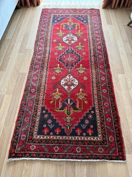 113x268 cm El Dokuma Yolluk, Mükemmel Durumda Yün Halı, Antika Anadolu Nadir Desenli Yolluk, Canlı Renkli Halı - 8