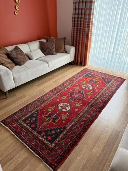 113x268 cm El Dokuma Yolluk, Mükemmel Durumda Yün Halı, Antika Anadolu Nadir Desenli Yolluk, Canlı Renkli Halı - 3