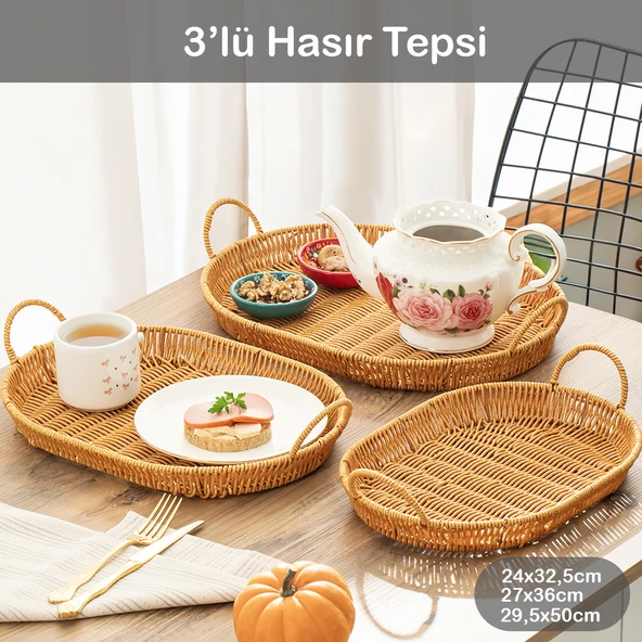Porsima 708-B Oval 3'lü Dekoratif Ev Mutfak Düzenleyici Kulplu Hasır Sepet Seti Hasır Tepsi