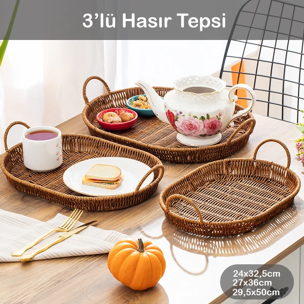 Porsima 708-C Oval 3'lü Dekoratif Ev Mutfak Düzenleyici Kulplu Hasır Sepet Seti Hasır Tepsi