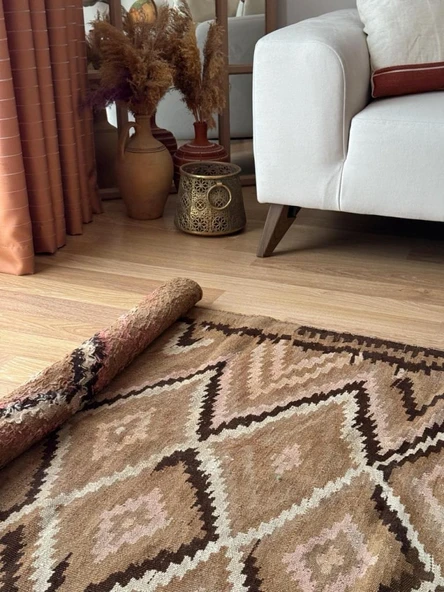 110x241 cm Kars Halısı, 40 Yıllık El Dokuma Kars Kilimi, Vintage Türk Yün Halısı, Kahverengi Tonlar - 4