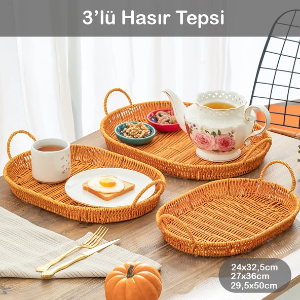 Porsima 708-A Oval 3'lü Dekoratif Ev Mutfak Düzenleyici Kulplu Hasır Sepet Seti Hasır Tepsi