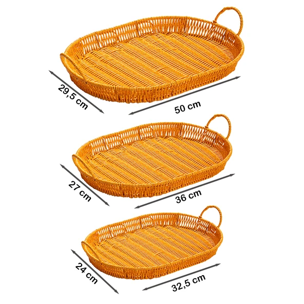 Porsima 708-A Oval 3'lü Dekoratif Ev Mutfak Düzenleyici Kulplu Hasır Sepet Seti Hasır Tepsi - 4
