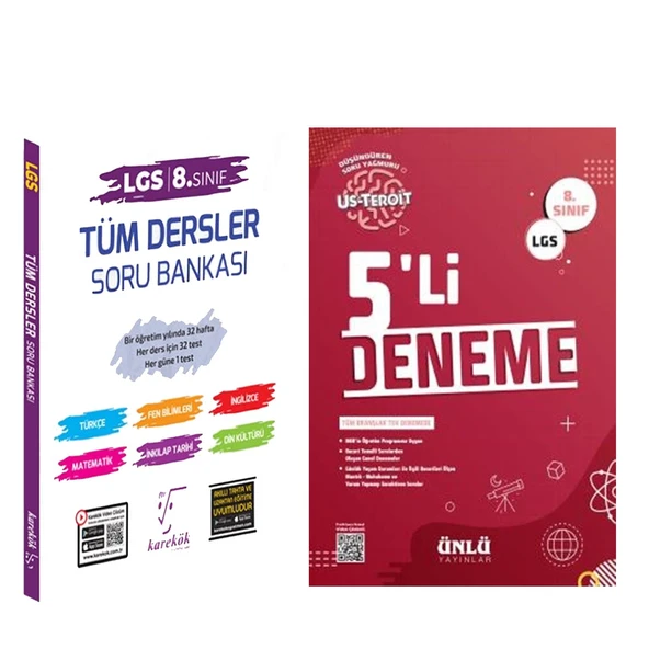 Karekök Yayınları 8.Sınıf LGS Tüm Dersler Soru Bankası ve Ünlü 5 li Deneme Seti 2 Kitap