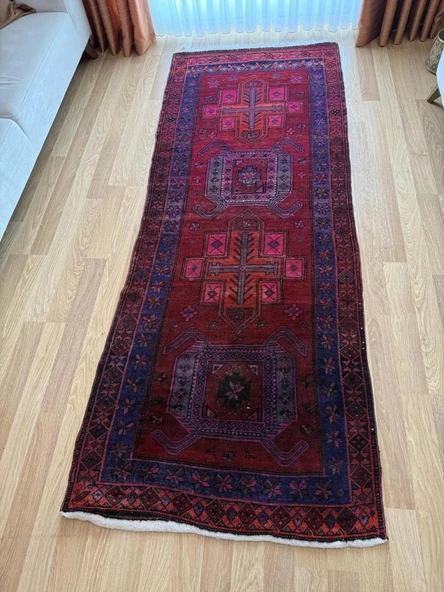 103x275 cm Muhteşem Renkli Yolluk, El Dokuma Vintage Yolluk, Modern Bohem Stili Halı, Harika Kondisyon - 3