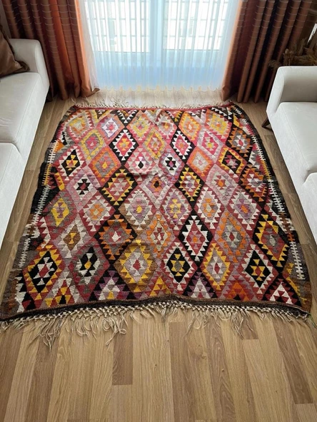 183x200 cm Siyah ve Sarı Renkli Geometrik Desenli Kilim, El Dokuma Vintage Kilim, Modern Bohem Ev Dekoru