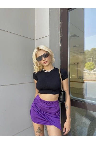 Asimetrik Kesim Mini Etek - 7