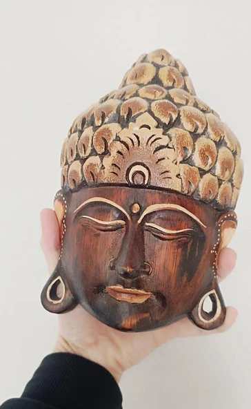 Ahşap Maske Buda El Yapımı 21cm Duvar Bahçe Cafe Kapı Süsleri - 2