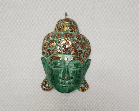 Yeşil Buda Maske Ahşap El Yapımı 21cm Duvar Bahçe Cafe Kapı Süsleri