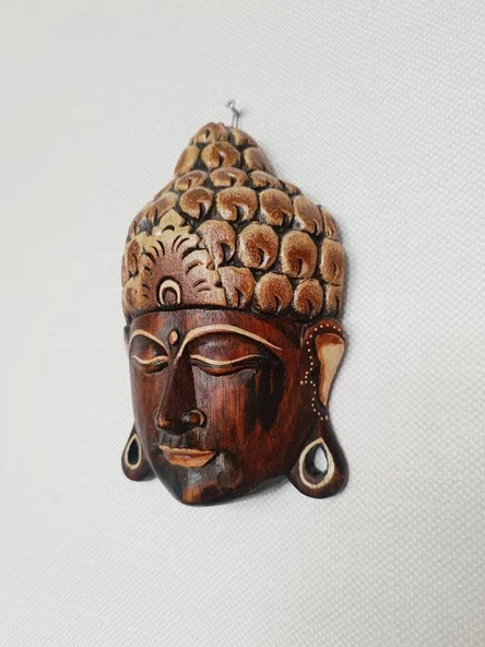 Ahşap Maske Buda El Yapımı 21cm Duvar Bahçe Cafe Kapı Süsleri - 3