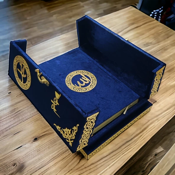 Masa Üstü Çift Kapaklı Kadife Kaplı Sandıklı Kuran Seti Hira - Lacivert - 3
