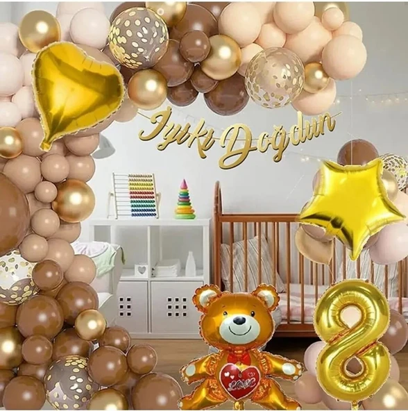 Ayıcıklı Lüks Kahverengi Doğum Günü Süsü Doğum Günü Parti Balon Seti - 8