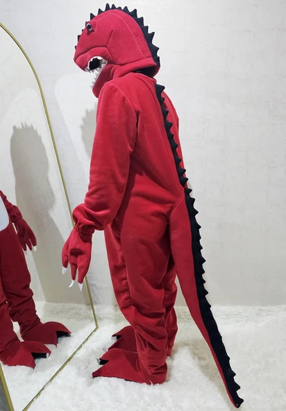 T-Rex Dinozor Kostümü Yetişkin Kırmızı - Resim 3