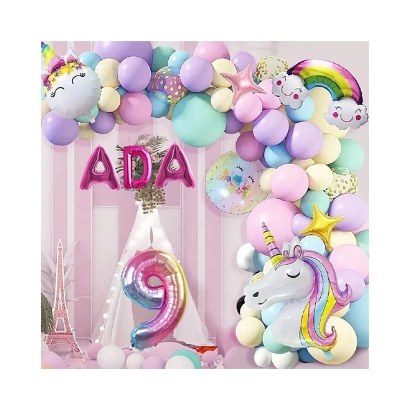 3 Harfli Yaş Seçenekli Gökkuşağı Konseptli Unicorn Temalı Makaron Balon Doğum Günü Parti Kutlama Seti - 9