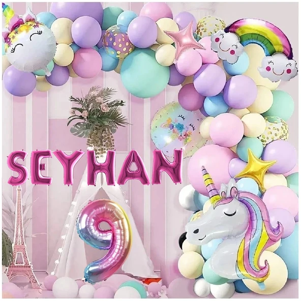 6 Harfli Yaş Seçenekli Gökkuşağı Konseptli Unicorn Temalı Makaron Balon Doğum Günü Parti Kutlama Seti - 9