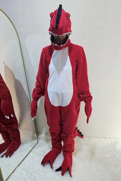 T-Rex Dinozor Kostümü Yetişkin Kırmızı - Resim 2