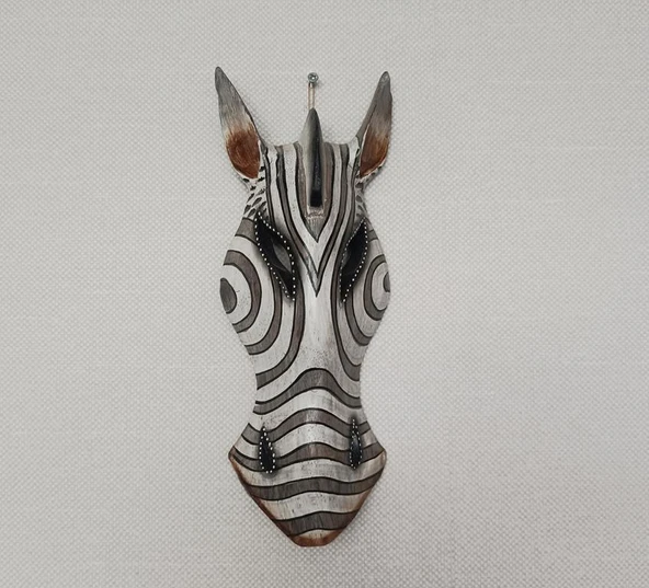 Ahşap El Yapımı Zebra Maske Otantik Afrika 30 cm Duvar Bahçe Cafe Süsleri - 3