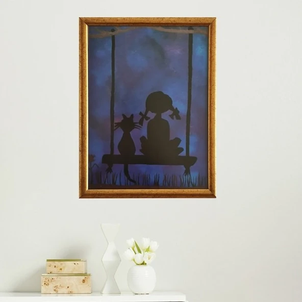 Salıncakta Kedi Çerçeveli Poster Tablo - 4