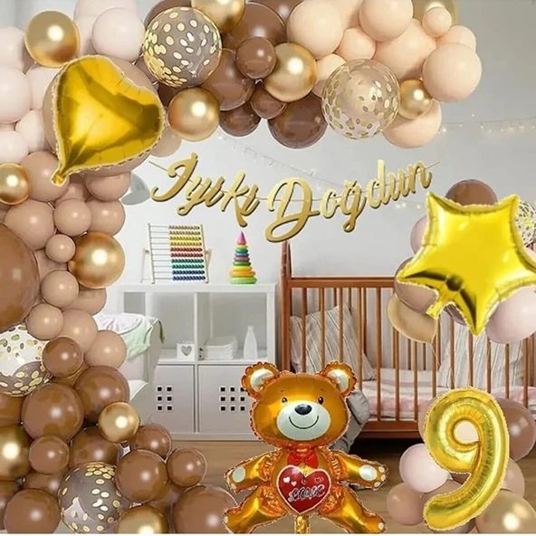 Ayıcıklı Lüks Kahverengi Doğum Günü Süsü Doğum Günü Parti Balon Seti - 9