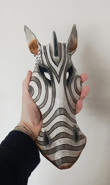 Ahşap El Yapımı Zebra Maske Otantik Afrika 30 cm Duvar Bahçe Cafe Süsleri - 2