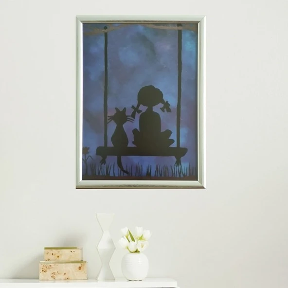 Salıncakta Kedi Çerçeveli Poster Tablo - 3