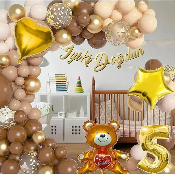 Ayıcıklı Lüks Kahverengi Doğum Günü Süsü Doğum Günü Parti Balon Seti - 5