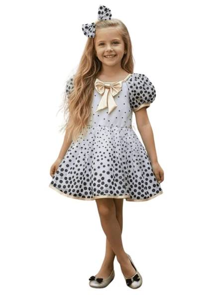 Siyah Puantiyeli Tüllü Beyaz Elbise - 2