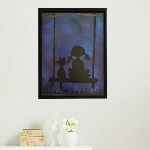 Salıncakta Kedi Çerçeveli Poster Tablo - 2