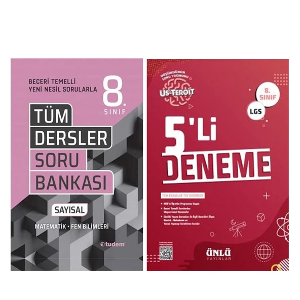 Tudem 8. Sınıf Tüm Dersler Sayısal Beceri Temelli Soru Bankası ve Ünlü 5 li Deneme Seti 2 Kitap