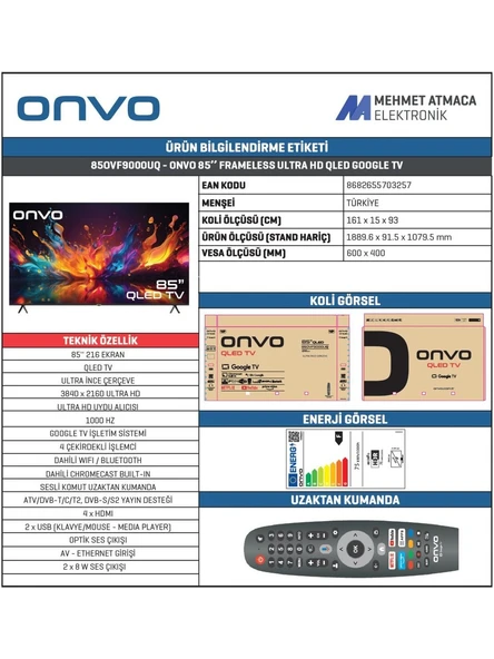 Onvo 85OVF9000UQ 4K Ultra HD 85" 216 Ekran Uydu Alıcılı Google Smart QLED TV - 4