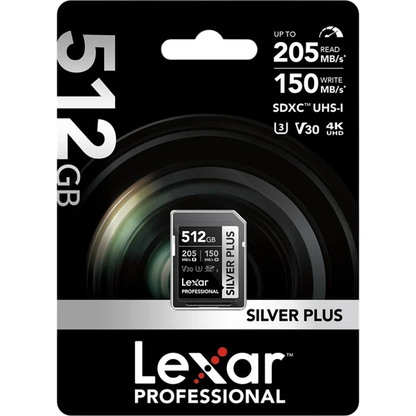 LEXAR 512GB LSDSIPL512G-BNNNG SD PROFESSIONAL SILVER PLUS SDXC UHS-I CARDS UP TO 205MB/S READ 150MB/S WRITE C10 V30 U3