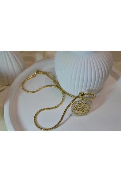 fezzstore Yüksek Kalite Gold 316L Çelik Hayat Ağaçı Zirkon Taşlı Kolye