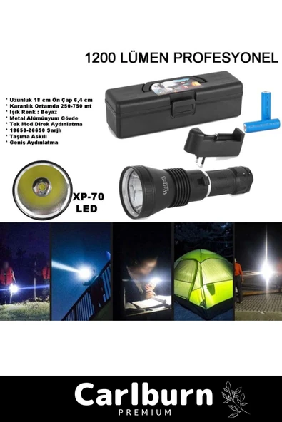 Premium 750m Mesafeli Beyaz Aydınlatma 1200 Lümen Profesyonel Şarjlı El Feneri - 5