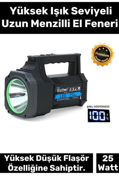 Premium 5200mAh Bataryalı 3 Modlu 21cm Uzunluk Beyaz Aydınlatma 25W Led Şarjlı El Feneri