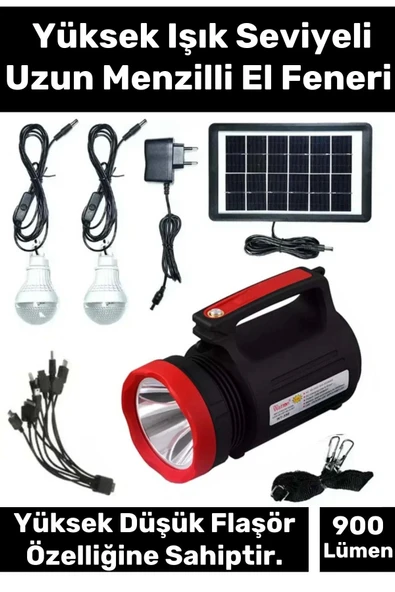 Premium Beyaz Aydınlatmalı Telefon Şarj Edilen Solar Güneş Enerji Fener Işıldak 2 Florasan Led Ampül