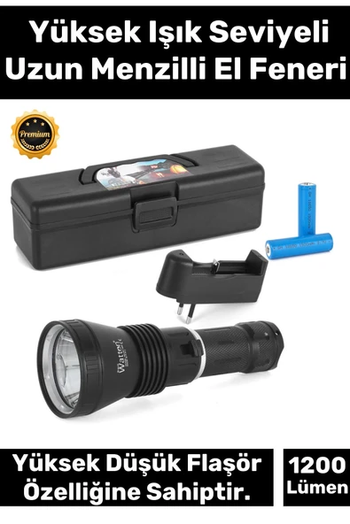 Premium 750m Mesafeli Beyaz Aydınlatma 1200 Lümen Profesyonel Şarjlı El Feneri