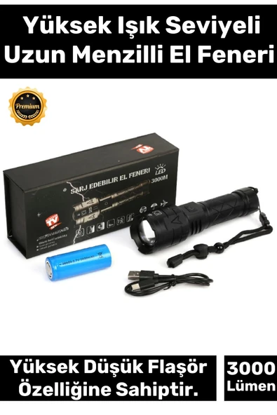 Premium 5 Modlu Gün Işığı Aydınlatma 750 Metre Menzil 8800 mAh 3000 Lümen Süper Güçlü El Feneri