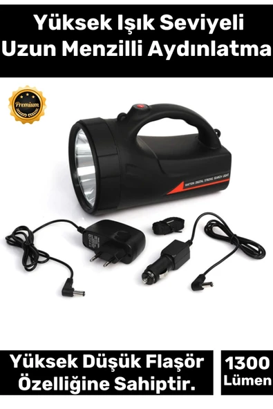 Premium 3 Modlu Aydınlatma 600 Metre Menzilli Aydınlatma Güçlü Taşıma Askılı Şarjlı Güvenlik Feneri