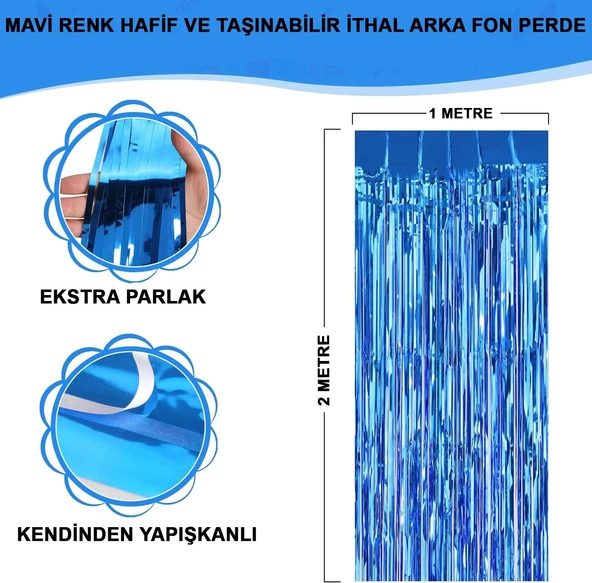 Mavi Renk Ekstra Metalize Parlak Saçaklı Arka Fon Perde İthal A Kalite 1x2 Metre