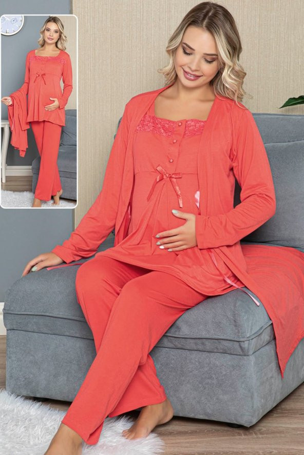 Kırmızı Renk Lohusa Pijama Takımı Jenika 42318 - Jenika 3 lü Kadın Hamile Pijaması