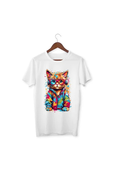 Kedi Baskılı Tişört Kedicik Çocuk Yetişkin Beyaz T-shirt Unisex Çocuk Tişört