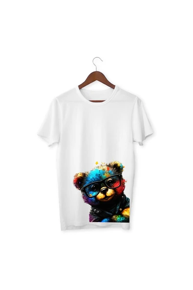 Ayıcık Baskılı Beyaz Tişört Çocuk Yetişkin Beyaz T-shirt Unisex Çocuk