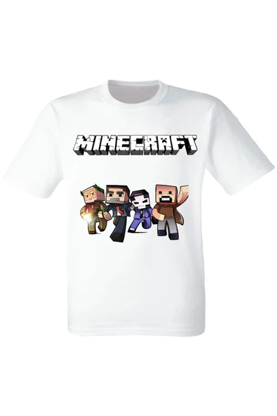 Karışık Minecraft Baskılı Beyaz Tişört - 1